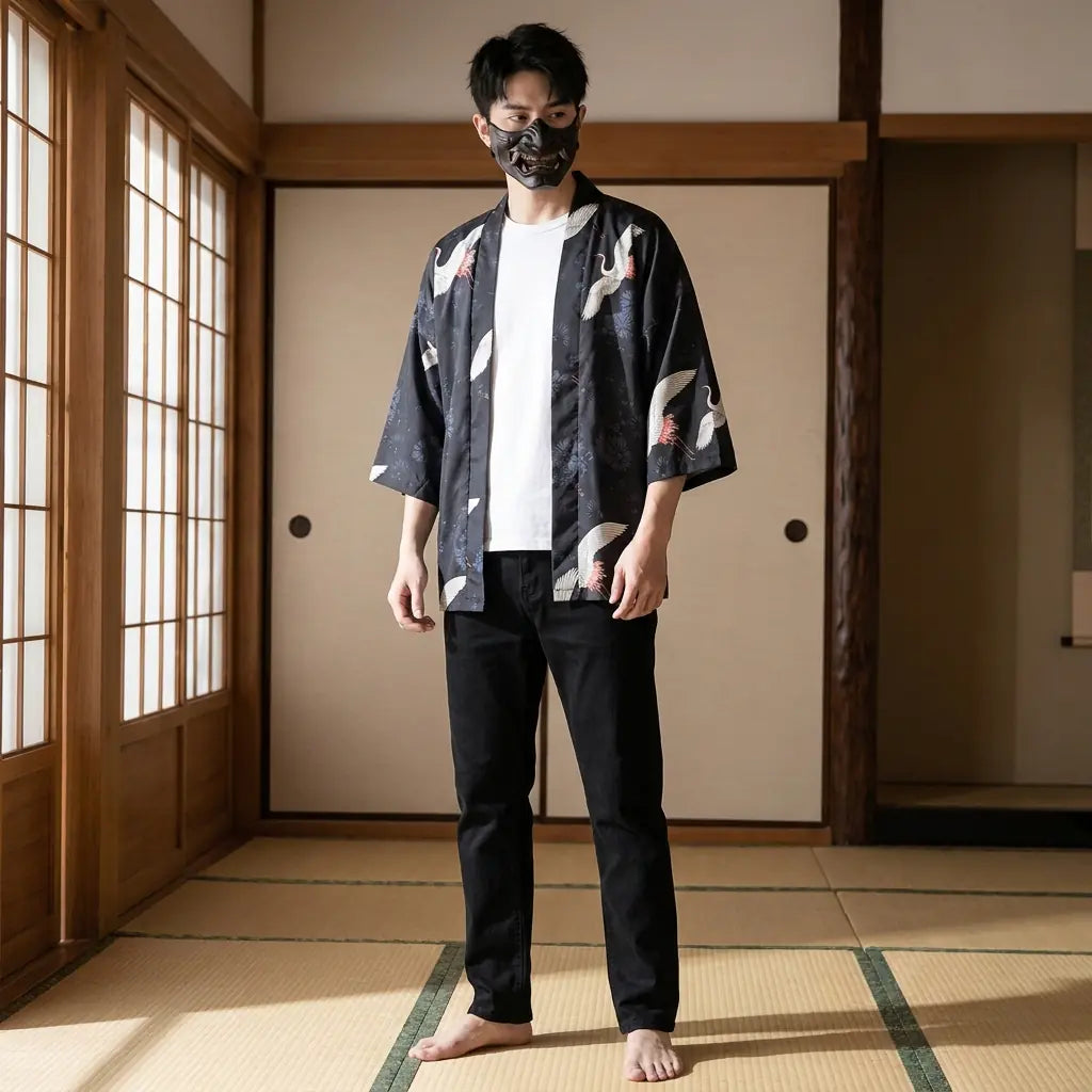 Man wearing a japanese kimono jacket men in a traditional Japanese washitsu room, front view