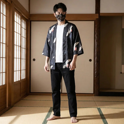 Man wearing a japanese kimono jacket men in a traditional Japanese washitsu room, front view