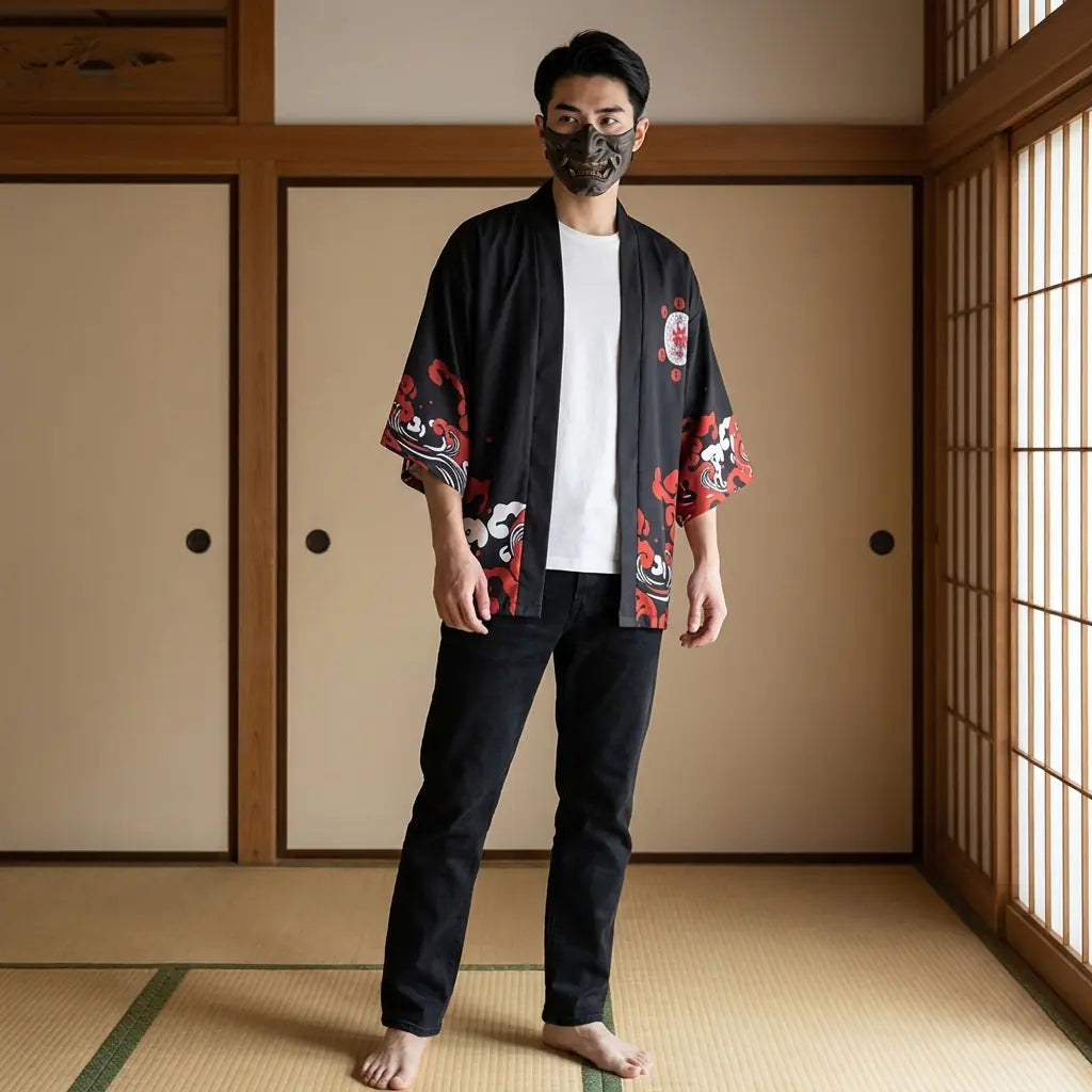 Man wearing a haori black in a traditional Japanese washitsu room, front view