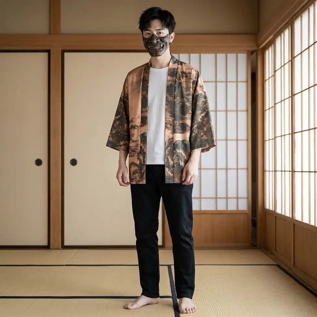 Man wearing a streetwear kimono in a traditional Japanese washitsu room, front view