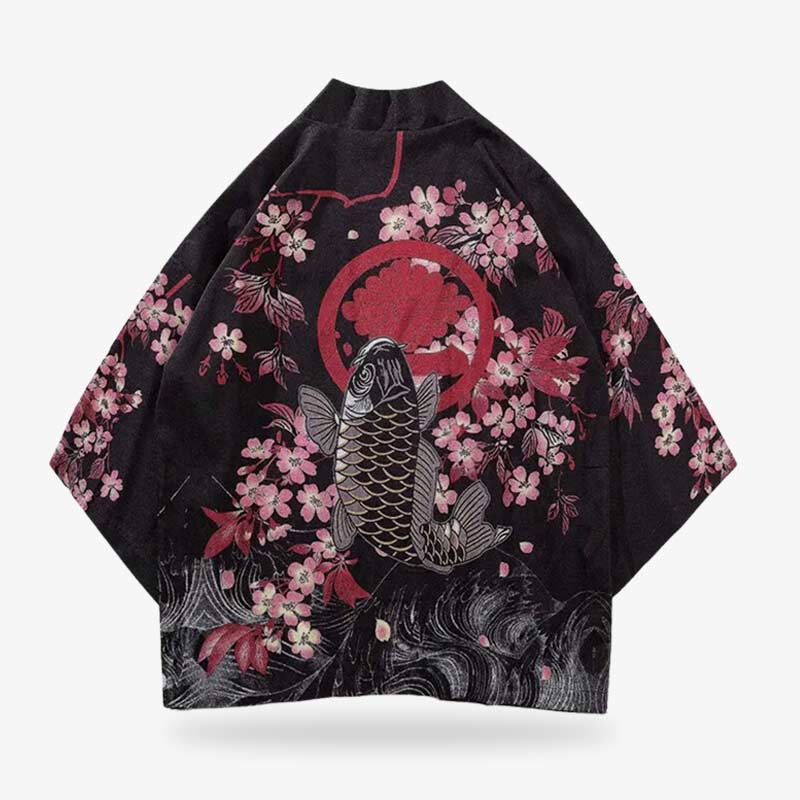 The men kimono koi fish combines masculine elegance with traditional Japanese imagery, perfect for formal or casual occasions. Japanese black kimono with sakura flowers printed on quality polyester and coton material