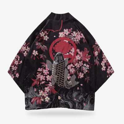 The men kimono koi fish combines masculine elegance with traditional Japanese imagery, perfect for formal or casual occasions. Japanese black kimono with sakura flowers printed on quality polyester and coton material