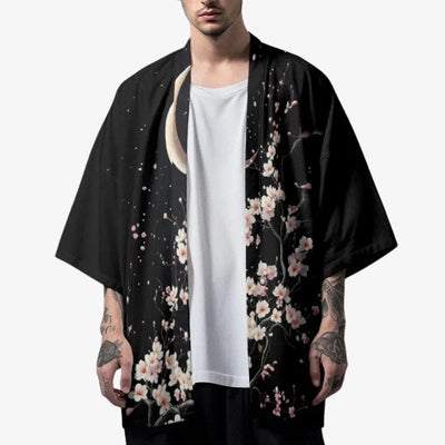 A Men kimono moon design, incorporating lunar motifs into masculine traditional Japanese attire and white japanese flower (sakura)