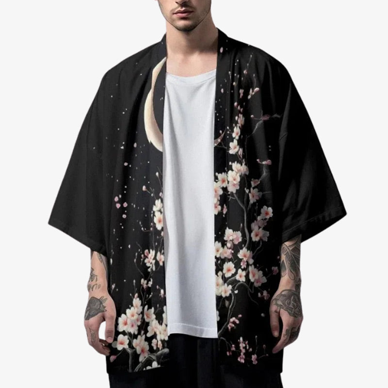 A Men kimono moon design, incorporating lunar motifs into masculine traditional Japanese attire and white japanese flower (sakura)