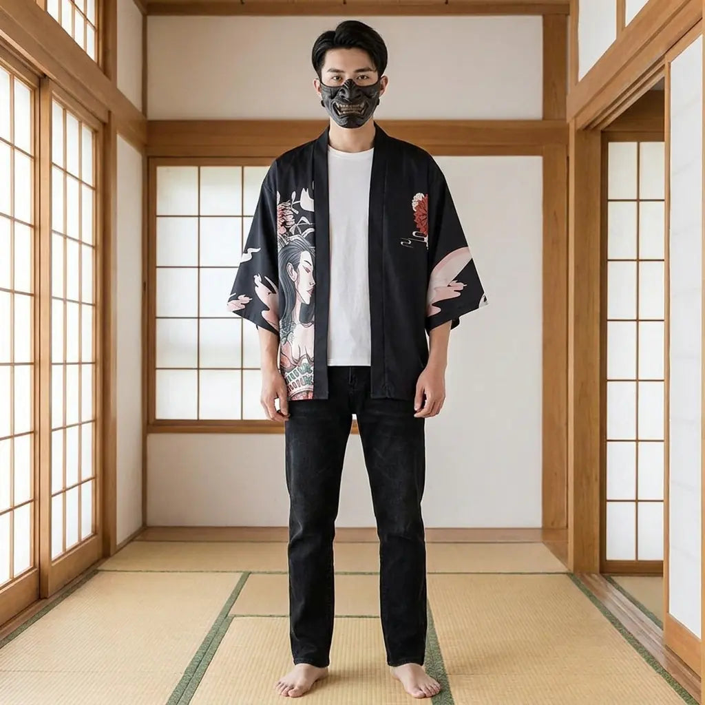 Man wearing a anime haori in a traditional Japanese washitsu room, front view