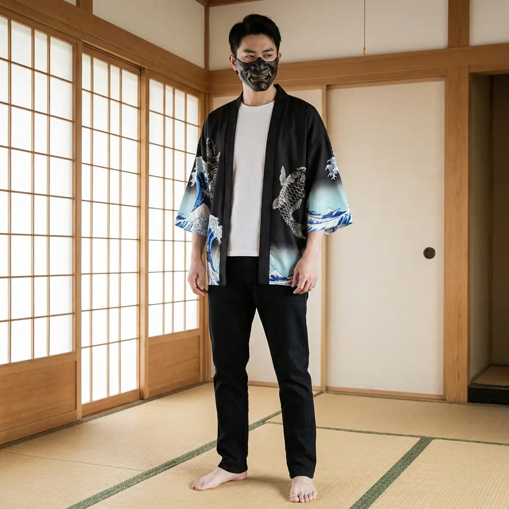 Man wearing a haori design in a traditional Japanese washitsu room, front view