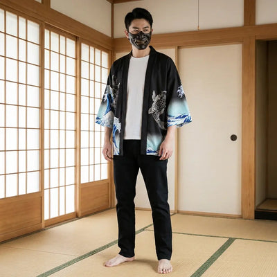 Man wearing a haori design in a traditional Japanese washitsu room, front view