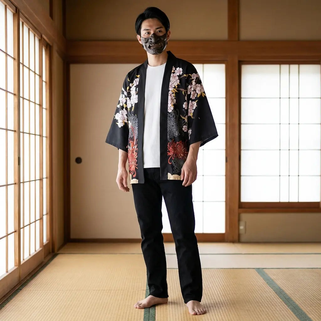 Man wearing a kimono jacket haori in a traditional Japanese washitsu room, front view