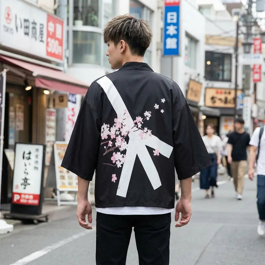 Back view of a mens floral kimono worn in a Harajuku street, showing the full print