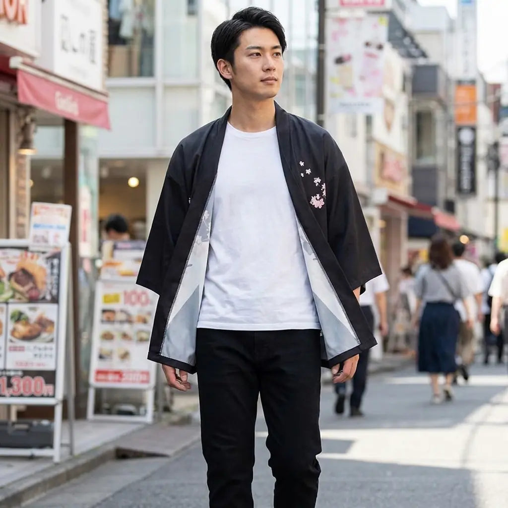 Man wearing a mens floral kimono in a Harajuku street in Tokyo, front view