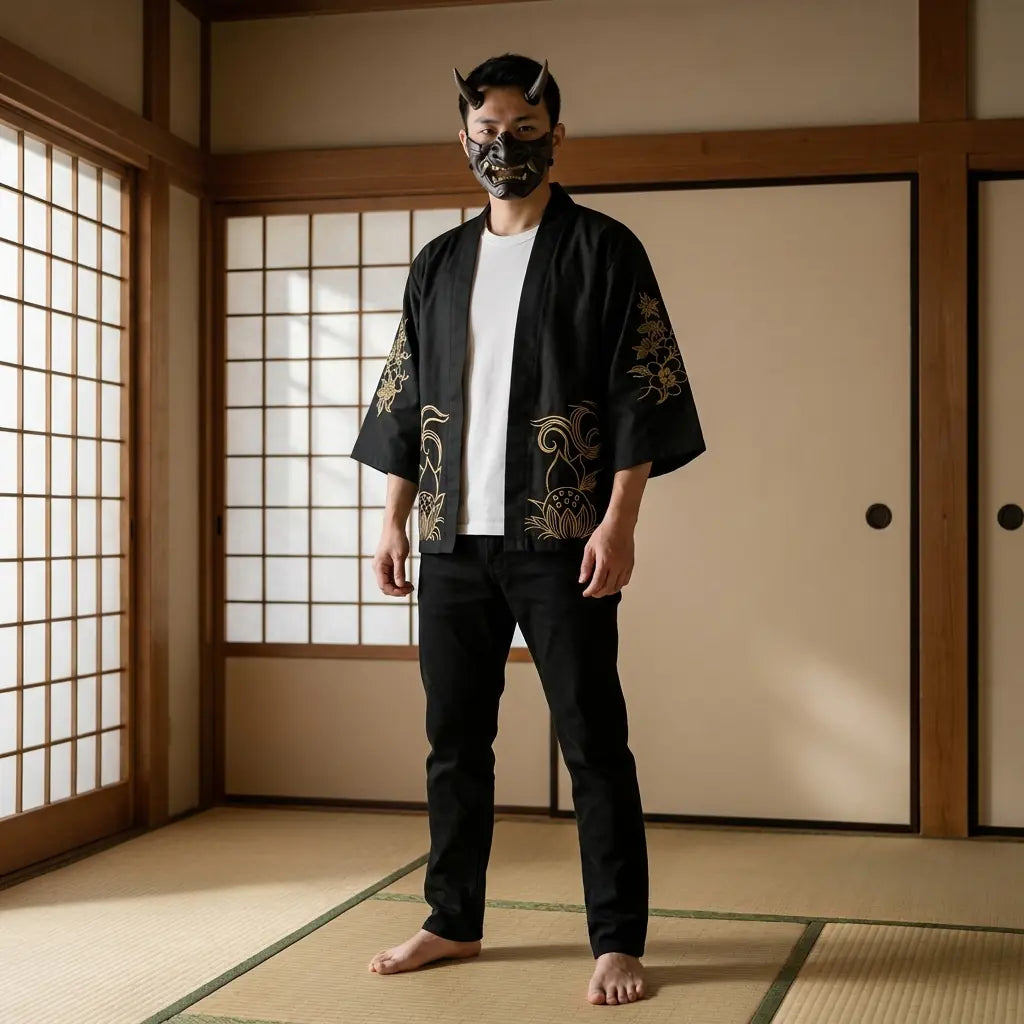 Man wearing a haori pattern in a traditional Japanese washitsu room, front view