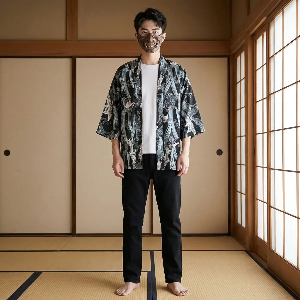 Man wearing a kimono style mens jacket in a traditional Japanese washitsu room, front view