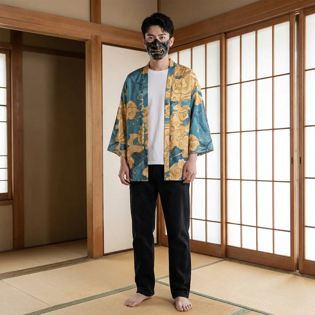 Man wearing a haori harajuku in a traditional Japanese washitsu room, front view