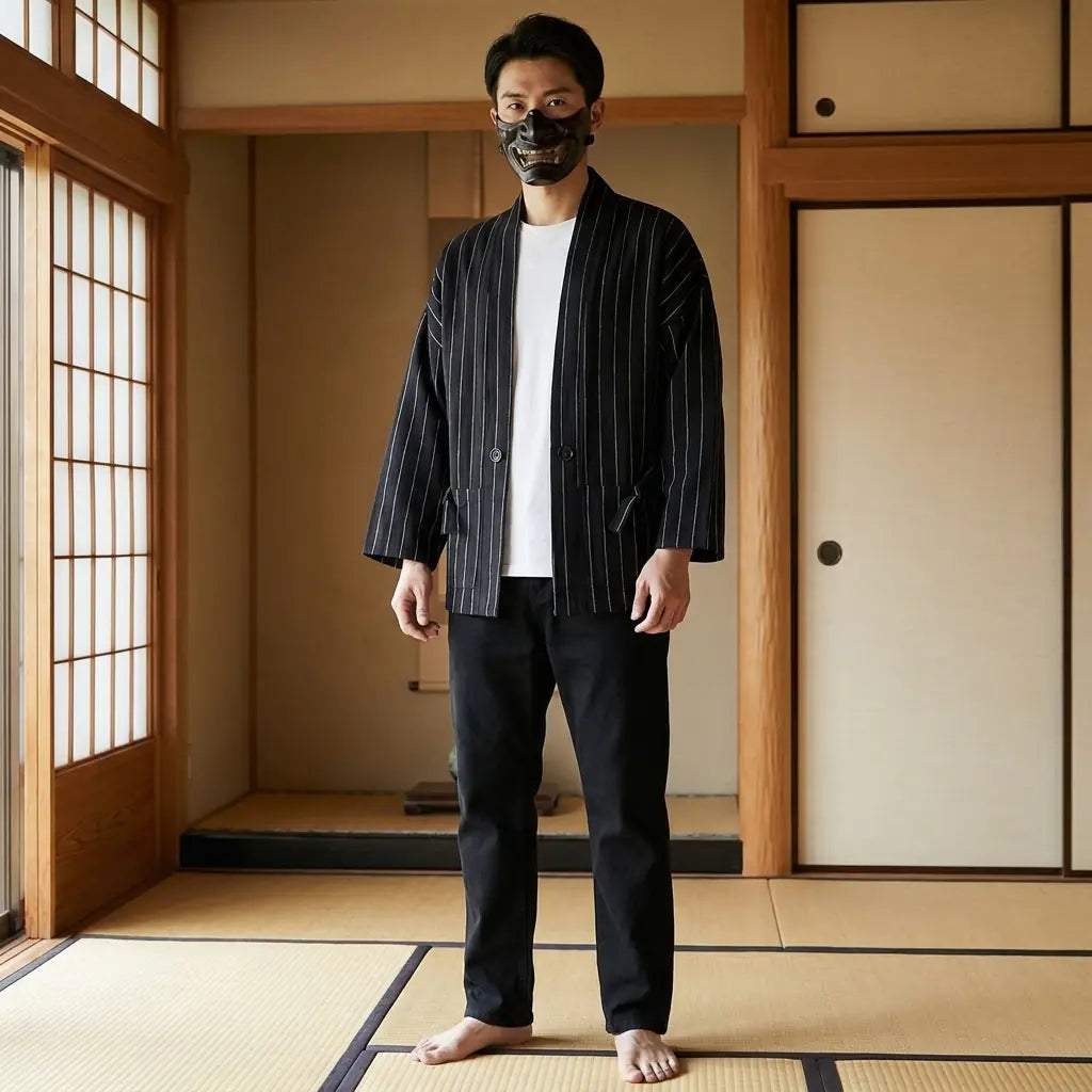 Man wearing a haori jacket men in a traditional Japanese washitsu room, front view