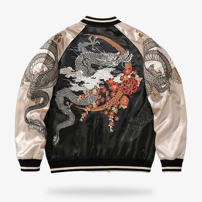 A Japanese mens sukajan jacket embroidered with traditional Japanese dragon motifs