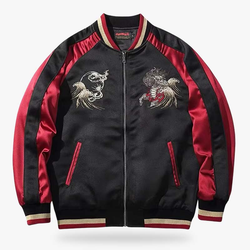 Mens sukajan bomber jacket with a detailed Kirin design, inspired by Shinto mythology and traditional Japanese artistry.