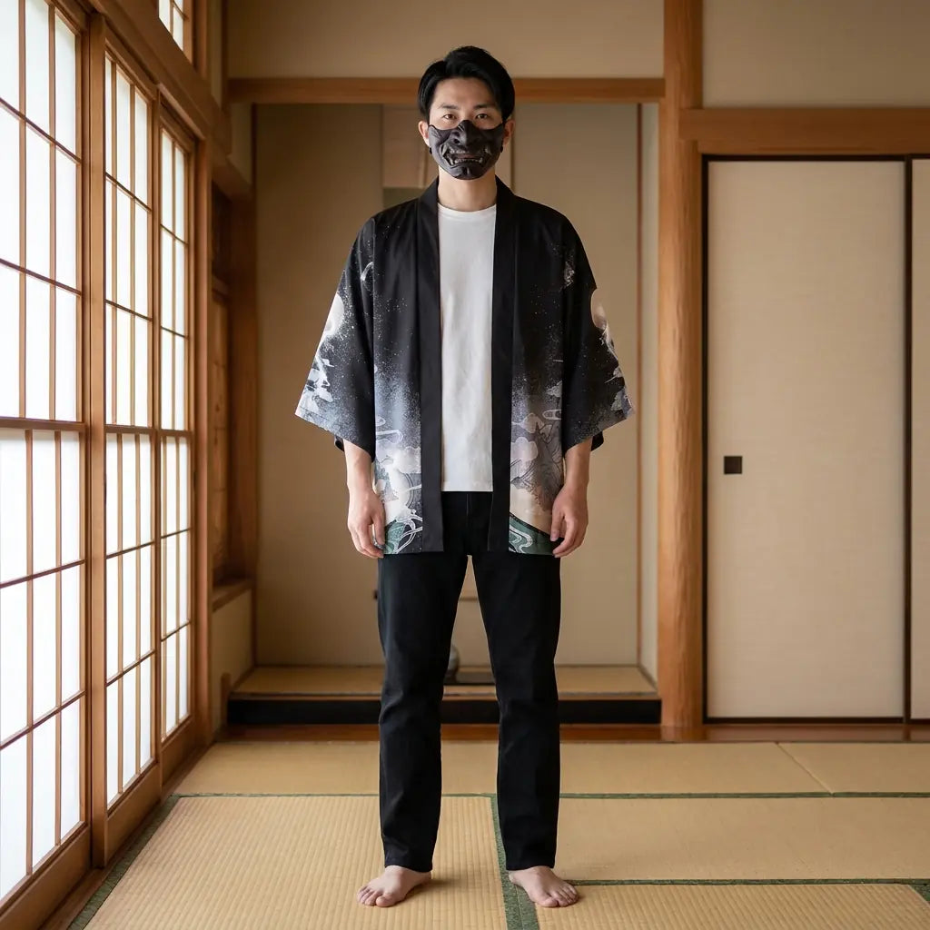 Man wearing a yume yukata in a traditional Japanese washitsu room, front view