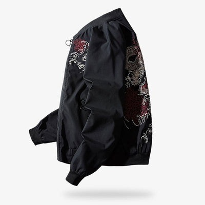 This mens black souvenir jacket is a Japanese bomber jacket. The bomber jacket is embroidered with a Japanese dragon motfi