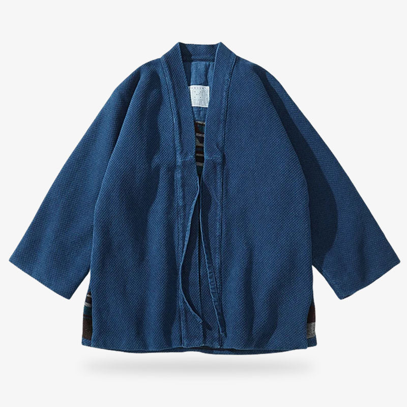 This is a Vintage haori kimono jacket in a sleek indigo hue, showcasing minimalist Japanese aesthetics