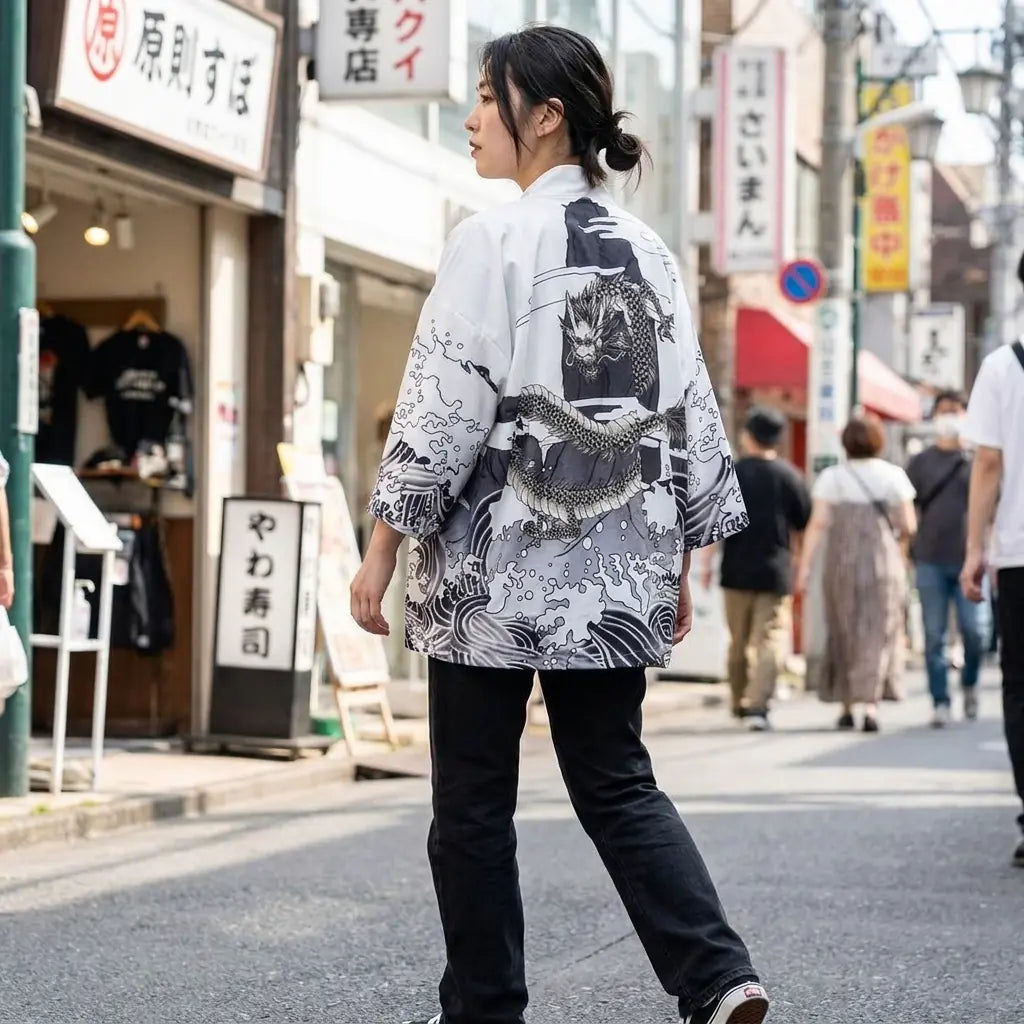 Woman seen from behind wearing a kimono dragon in a Harajuku street