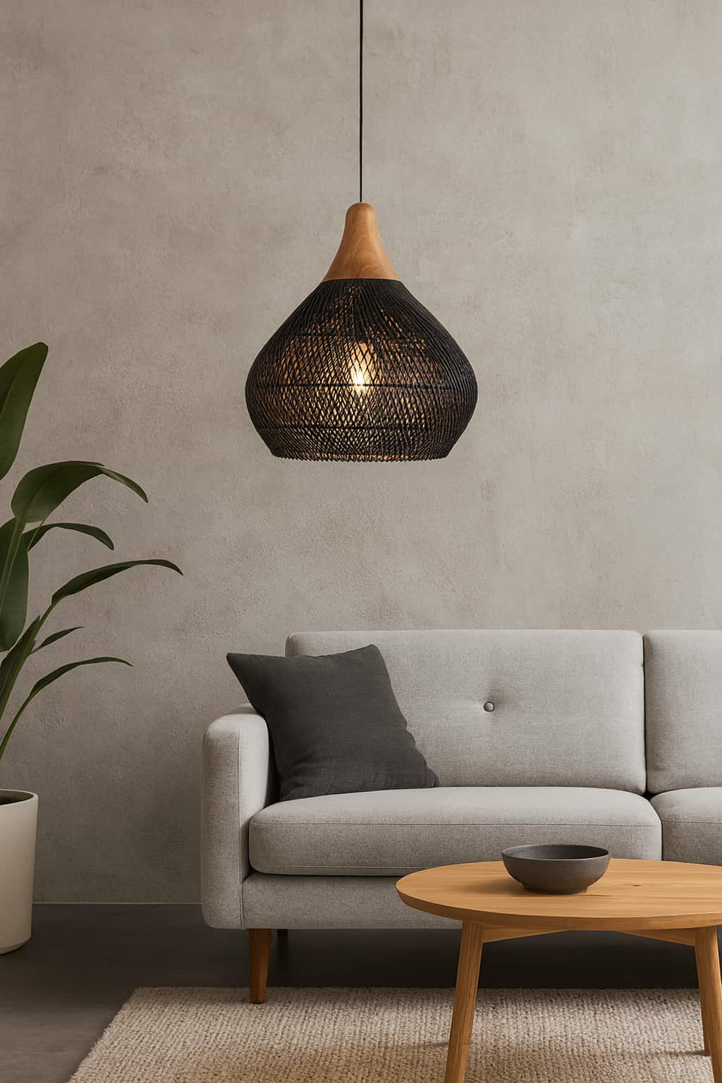 Modern Japandi lamp in a living room with a gray sofa, wooden coffee table, and pendant light.