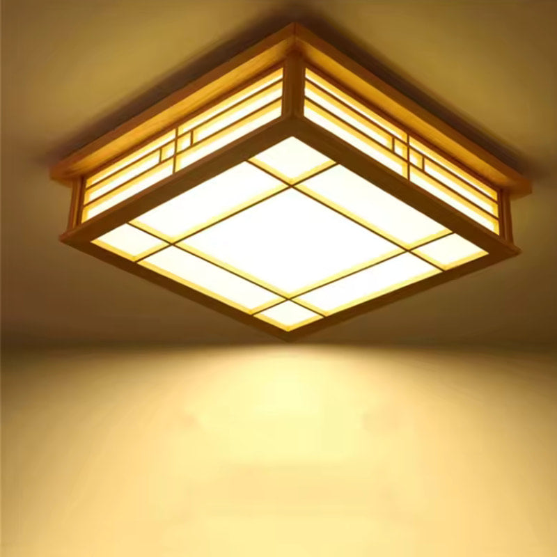 a modern japanese ceiling lamp fixture with wooden frame and glass panels on a neutral background