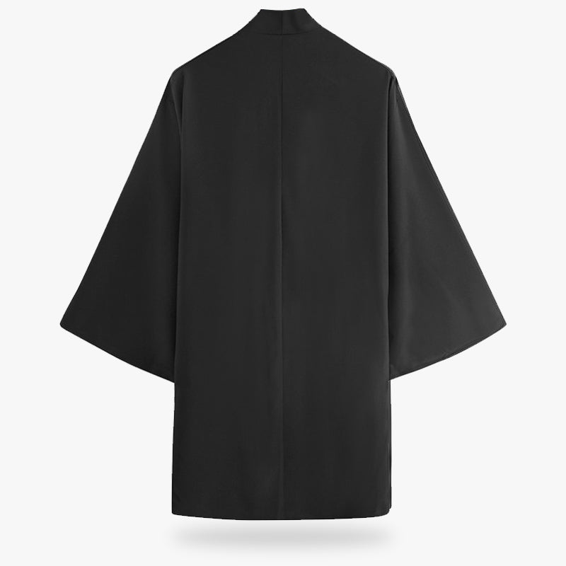 The modern mens kimono jacket is black with long sleeves.