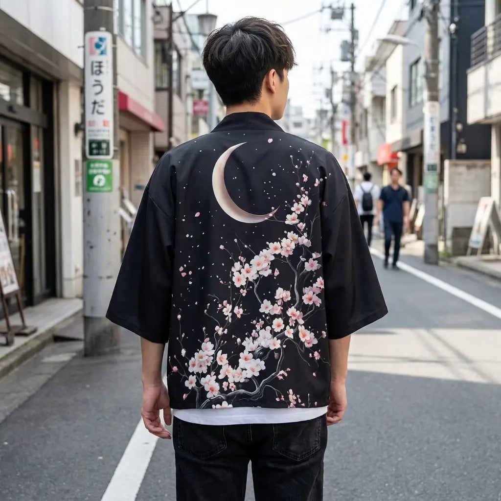 Back view of a moon kimono worn in a Harajuku street, showing the full print