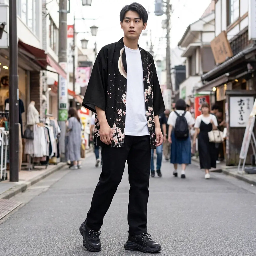 Man wearing a moon kimono in a Harajuku street in Tokyo, front view