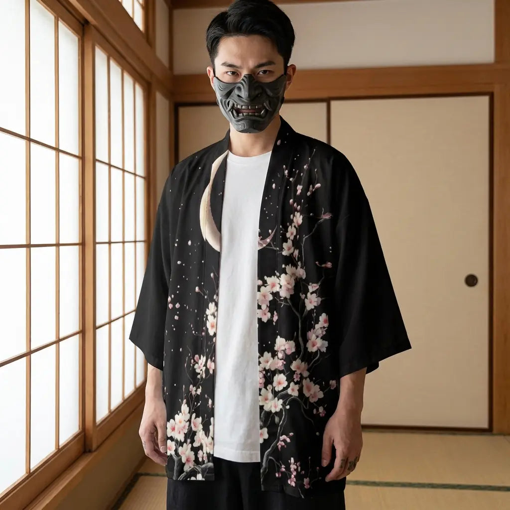 Man wearing a moon kimono in a Japanese washitsu room with shoji screens, waist-up front view