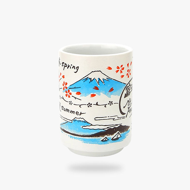 The mount fuji mug features a stunning blue design of Mount Fuji, capturing the iconic mountain's beauty and serenity in a classic Japanese style