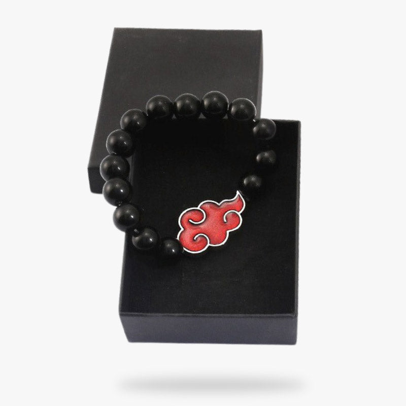 This naruto akatsuki bracelet is a piece of beaded naruto jewellery. It comes in a black box. The Japanese bracelet is made of pearls with a red cloud.