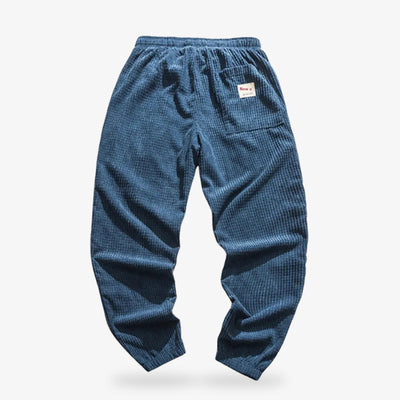 Navy blue corduroy pants for women, blending classic fabric with contemporary Japanese-inspired cuts