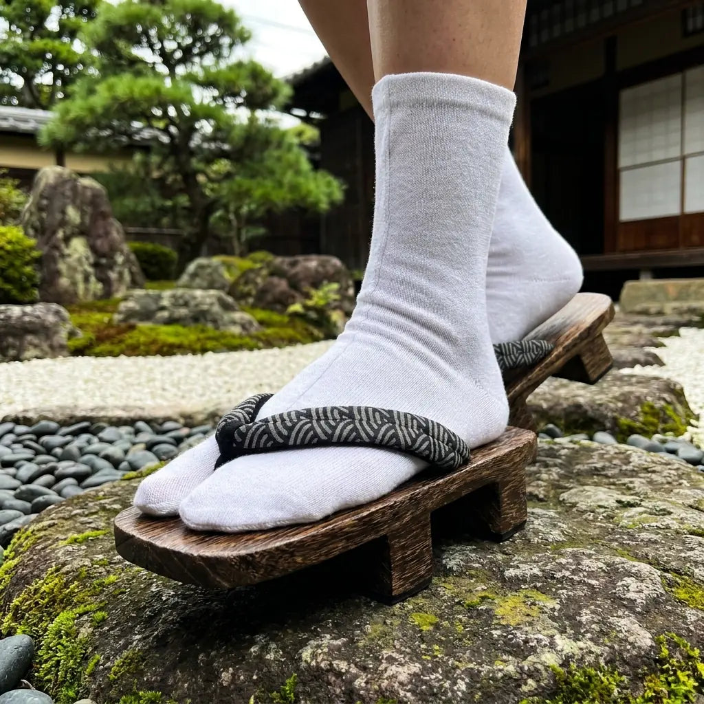 Close-up of navy hanao strap with white seigaiha wave pattern on geta sandals