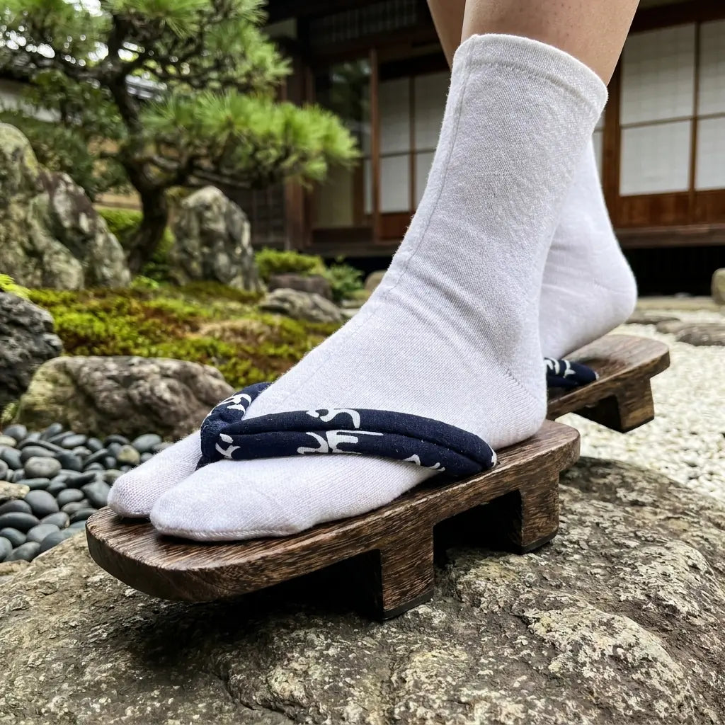 Close-up of navy hanao strap with white characters on Sandal Traditional Japanese geta