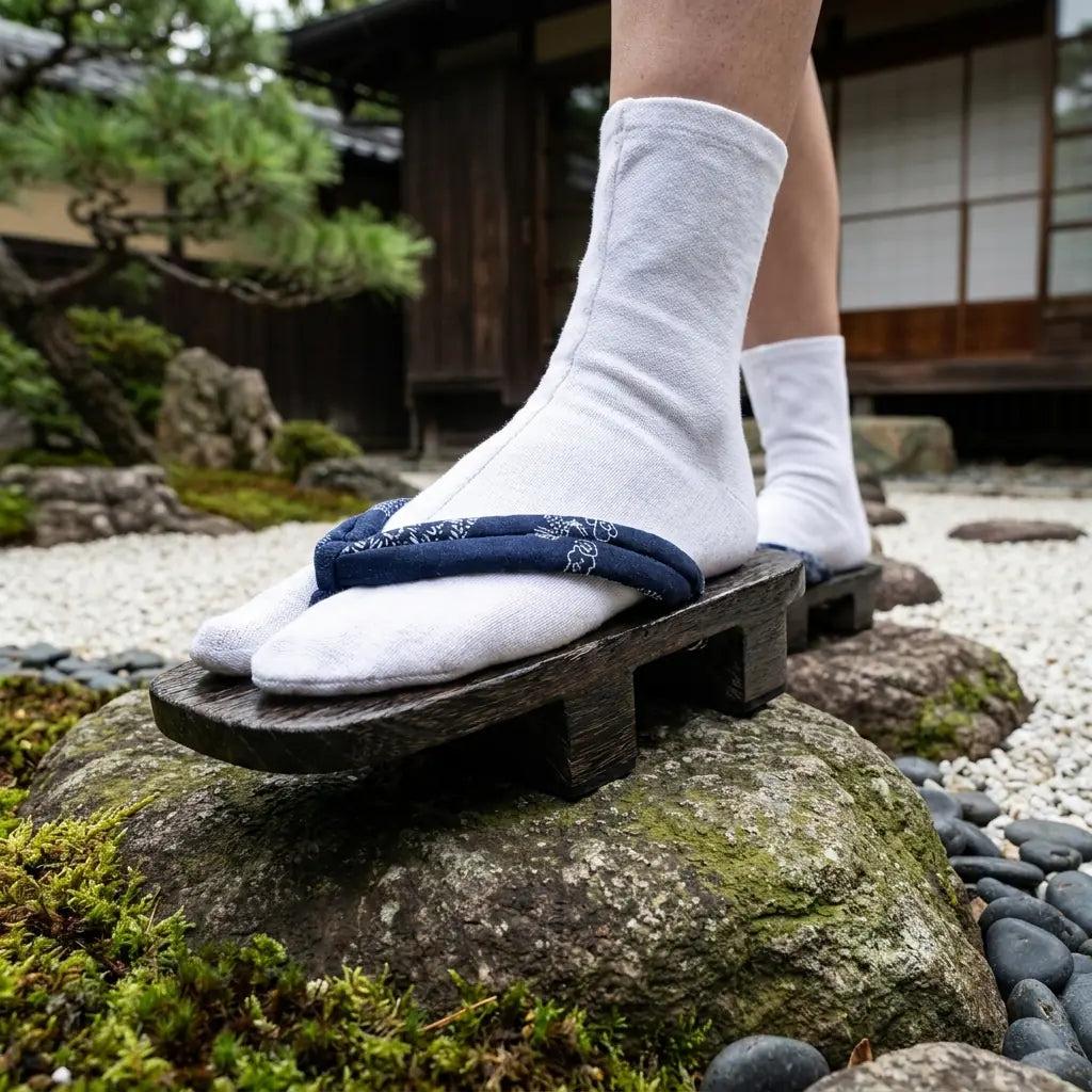Close-up of navy hanao strap with white motif on Japanese geta sandals