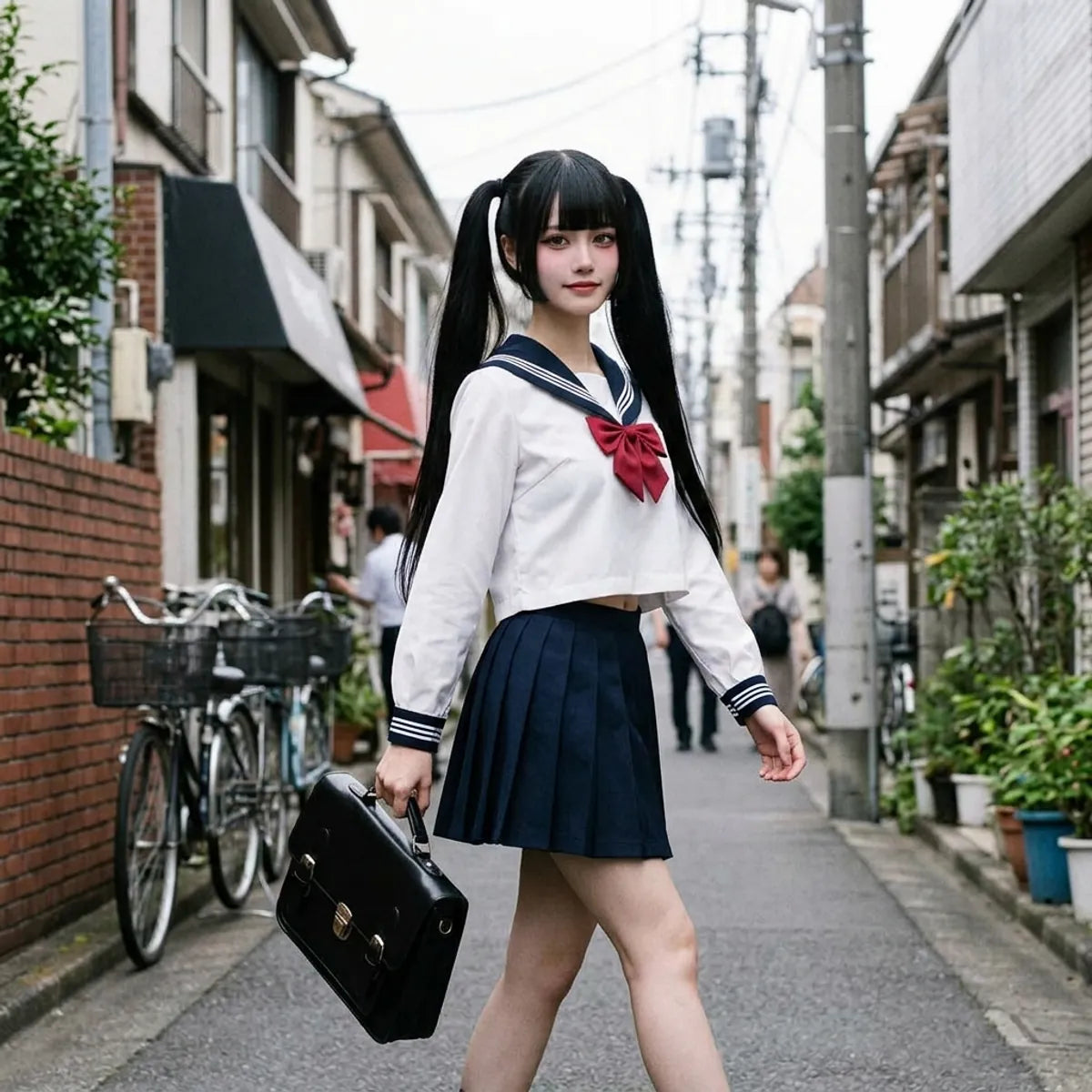 Navy pleated mini skirt swaying with the white sailor top in motion