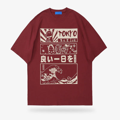 the neo tokyo t shirt is printed with japanese kanji motifs, the great wave of kanawa, japanese masks and the lucky cat maneki neko
