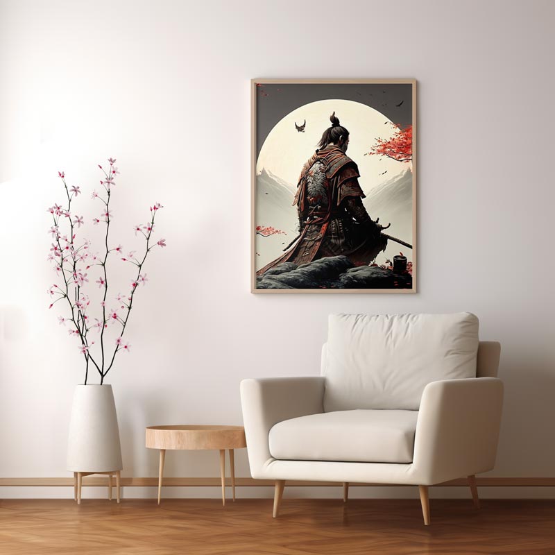 This Japanese ninja paint is framed on a wall with an armchair in a living room.