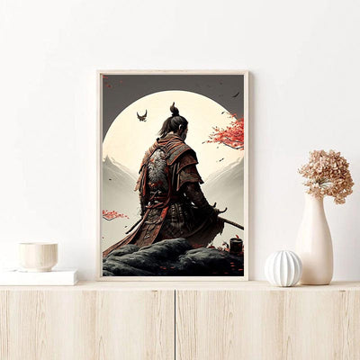 This ninja painting is a Japanese poster in a wooden frame and on a shelf.