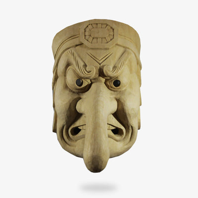 This noh theater japanese mask is handmade and crafted with wood cedar. Thi noh mask is a face of a tengu with a long noze