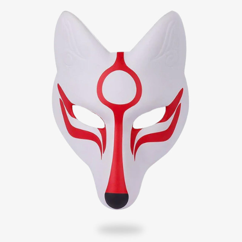 This Japanese okami mask depicts ameterasu goddessn in blood-red paint.