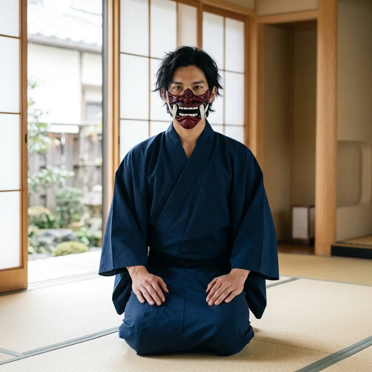 A seated model wears the red oni demon mask, highlighting the spiral-carved motif on the chin and the long curved white fangs jutting from each corner of the mouth.