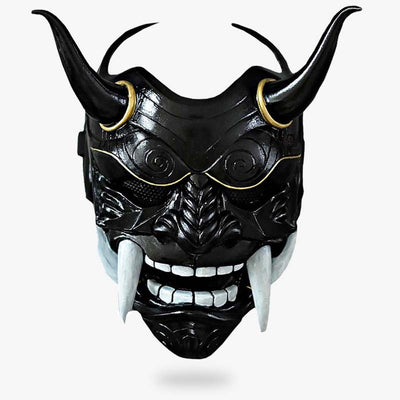This Japanese Oni Demon mask is handmade. It is a Japanese demon with fangs and black horns. Handmade mask buit with wood and fiberglass material, Black paintings
