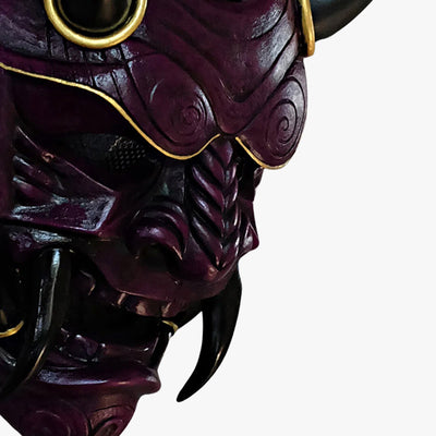 This oni full face mask is meticulously crafted from fiberglass and wood, hand-painted and sculpted with horns and sharp teeth to embody the essence of Japanese mythology