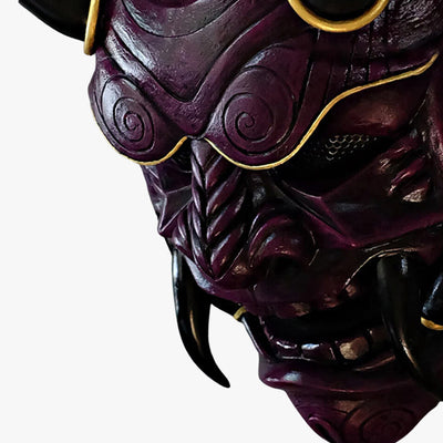 The oni full mask is a stunning piece of art, handcrafted from quality materials, featuring horns and sharp teeth, each mask telling a unique story from Japanese folklore