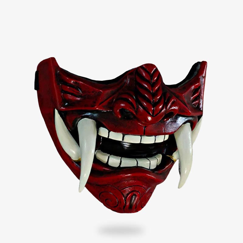 This Oni half mask red is a samurai garment accessory. It represents the Japanese demon Oni