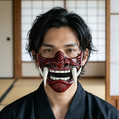The deep red oni half mask shown straight-on, revealing its glossy black-shaded cheeks, the carved ridge down the nose and the open mouth with sculpted white teeth and curved fangs.