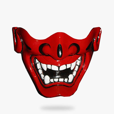 Oni hannya mask is a half-face Japanese demonof with teeth and fangs. It's a Japanese samurai warrior mask. Japanese mask material is fiberglass and red color paintings