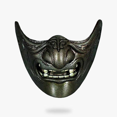 This Oni Japanese demon mask is an Oni demon face. It's a mempo samurai half-mask. Japanese mask materiial is fiber glass and color paintings is brown. Oni mask design is made with half demon face with teeths and smile